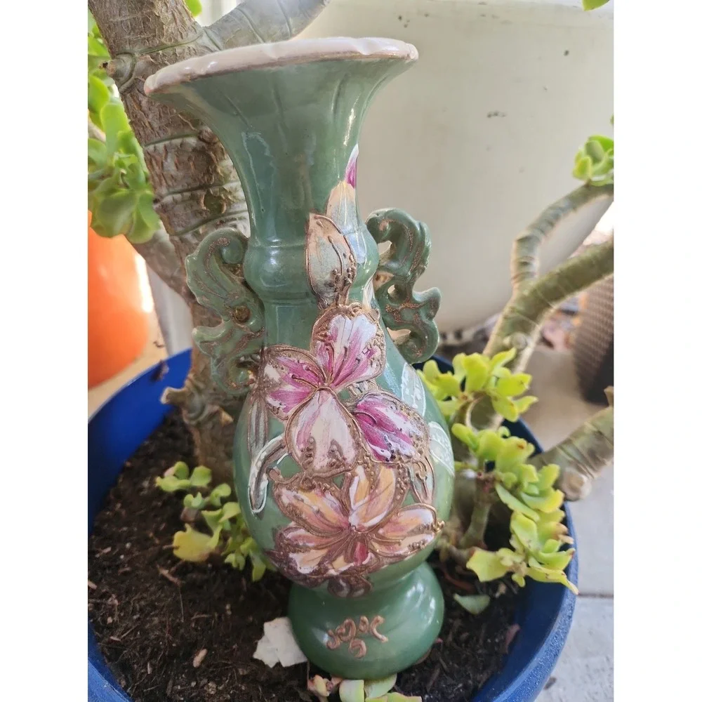 Vtg Japanese Moriage Satsuma Vase Double Handle Green Pink Floral Gold Guilt 10
